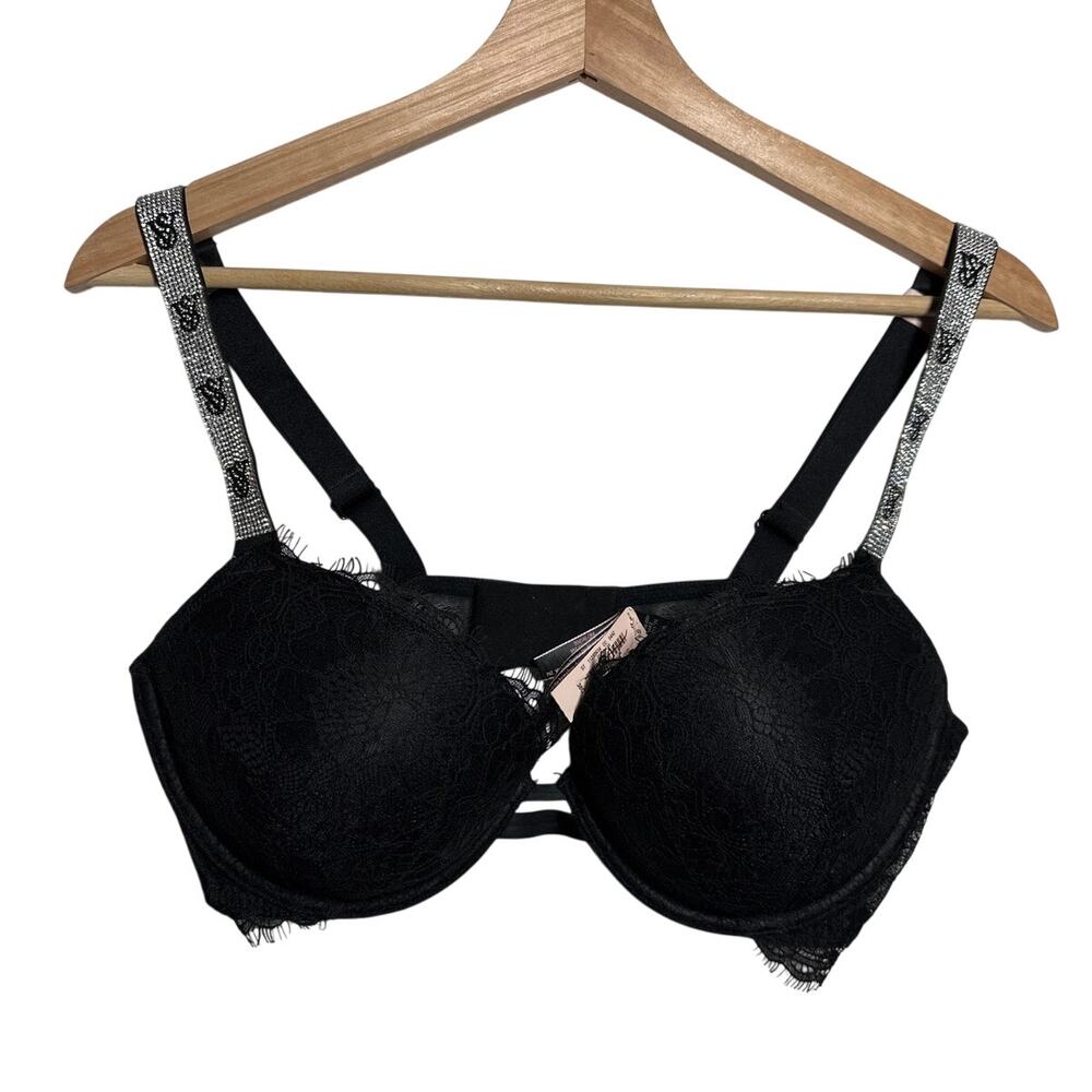 Victoria’s Secret Very Sexy Shine Strap Lace Push Up Bra Black Sz 38C Rhinestone